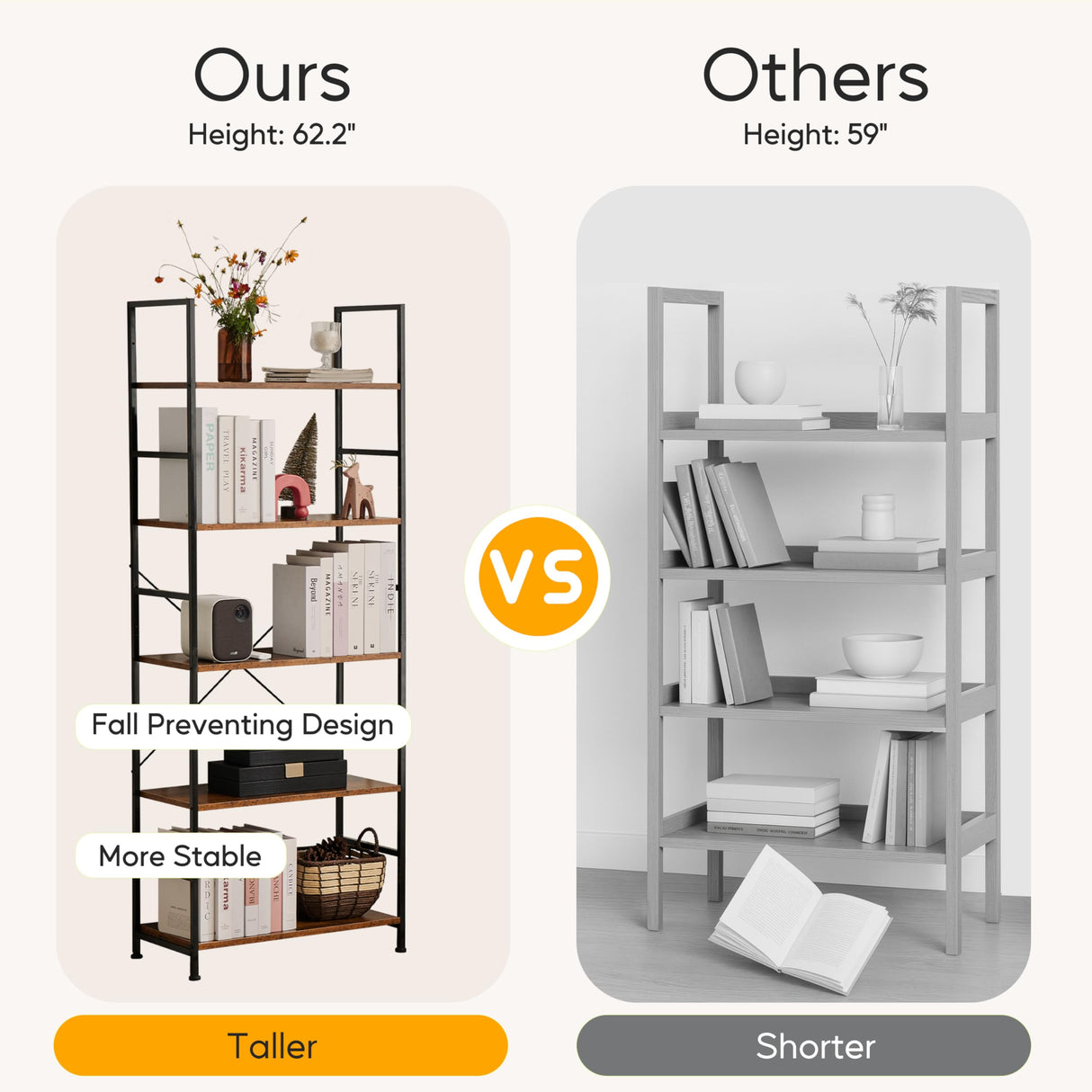 HealSmart 5 Tier Bookshelf, Free Standing Book Shelf Home Office Bookcase Shelf Storage Organizer for Bedroom, Living Room, Bathroom, Office, Balcony, Rustic Brown HealSmart