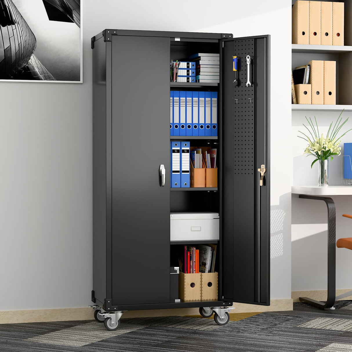 SUXXAN Metal Storage Cabinets with Wheels, 72" Steel Lockable Storage Cabinet with Adjustable Shelves Pegboards and Hooks for Office School Garage Warehouse Utility Room, Assembly Require, Black SUXXAN