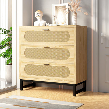 LSKTGA 3 Drawer Dresser for Bedroom, Rattan Dresser Modern Closet Dressers Chest of Drawers, Farmhouse Wood Storage Chest of Drawers for Closet, Living Room and Hallway Closet,Nature LSKTGA