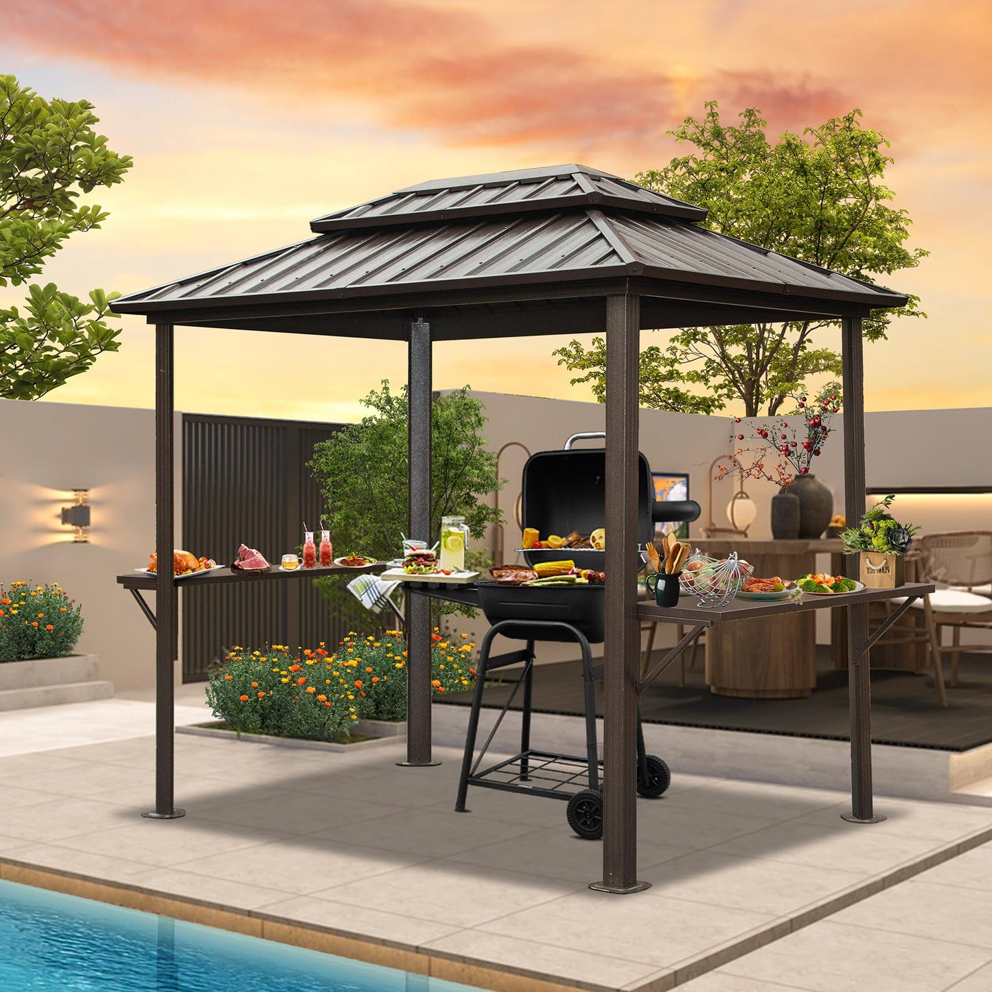 Domi Grill Gazebo 8' X 6', Outdoor Aluminum Hardtop BBQ Gazebo Canopy Double Roof with Shelves Serving Tables and Hooks for Patio Lawn Backyard Deck