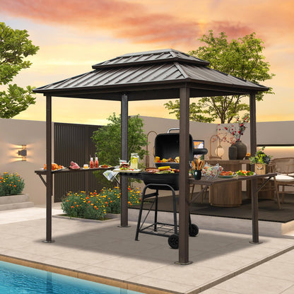 Domi Grill Gazebo 8' X 6', Outdoor Aluminum Hardtop BBQ Gazebo Canopy Double Roof with Shelves Serving Tables and Hooks for Patio Lawn Backyard Deck - WoodArtSupply