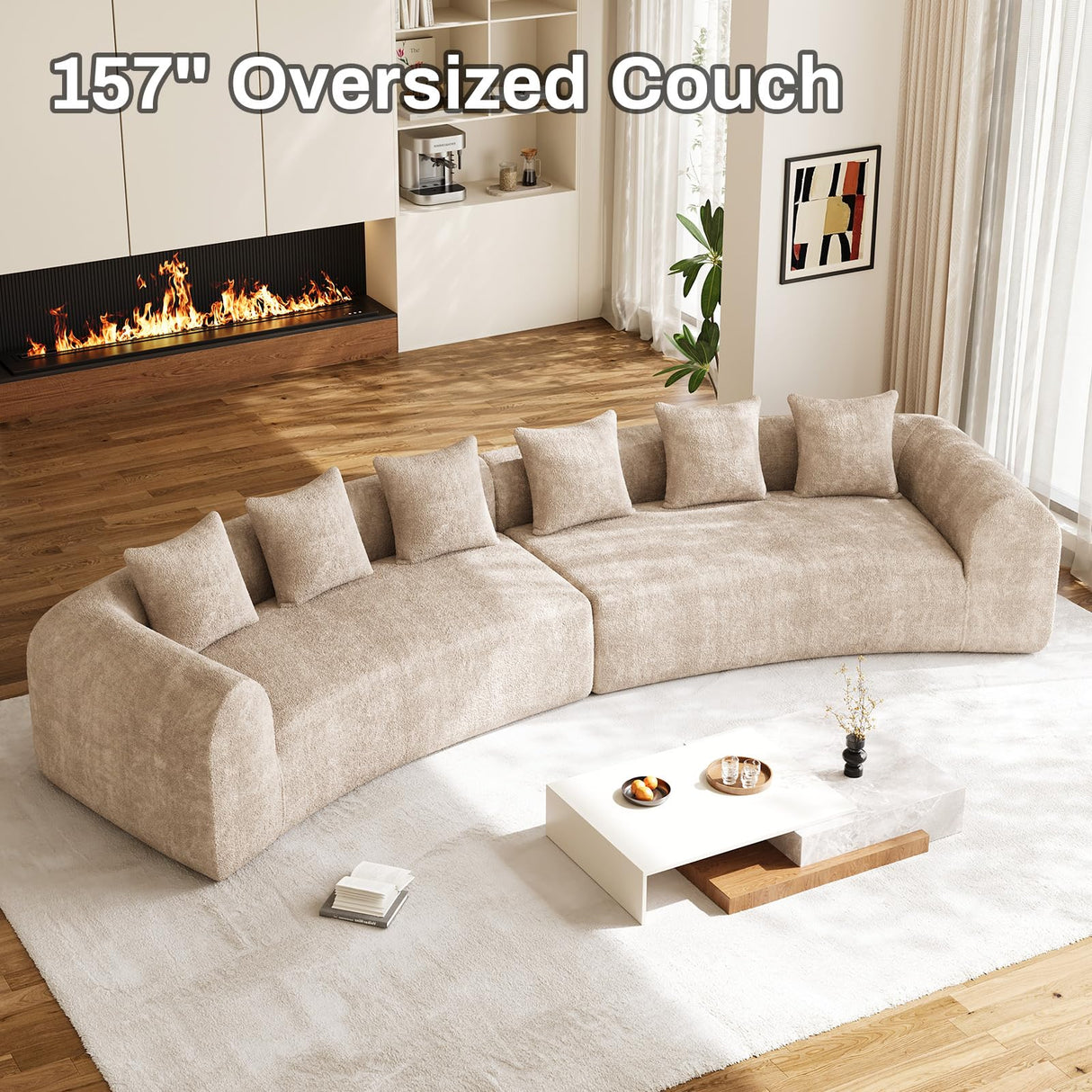 157" Oversized Curved Cloud Couch Sectional Sofa, Luxury Chenille Sofa with Extra Deep & Wide Seat, Modern Curved Couch for Living Room with 6 Throw Pillows, No Assembly Needed Brown OUYESSIR