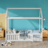 Merax Twin Size White House Bed with Fenced Design and Playful Door Merax