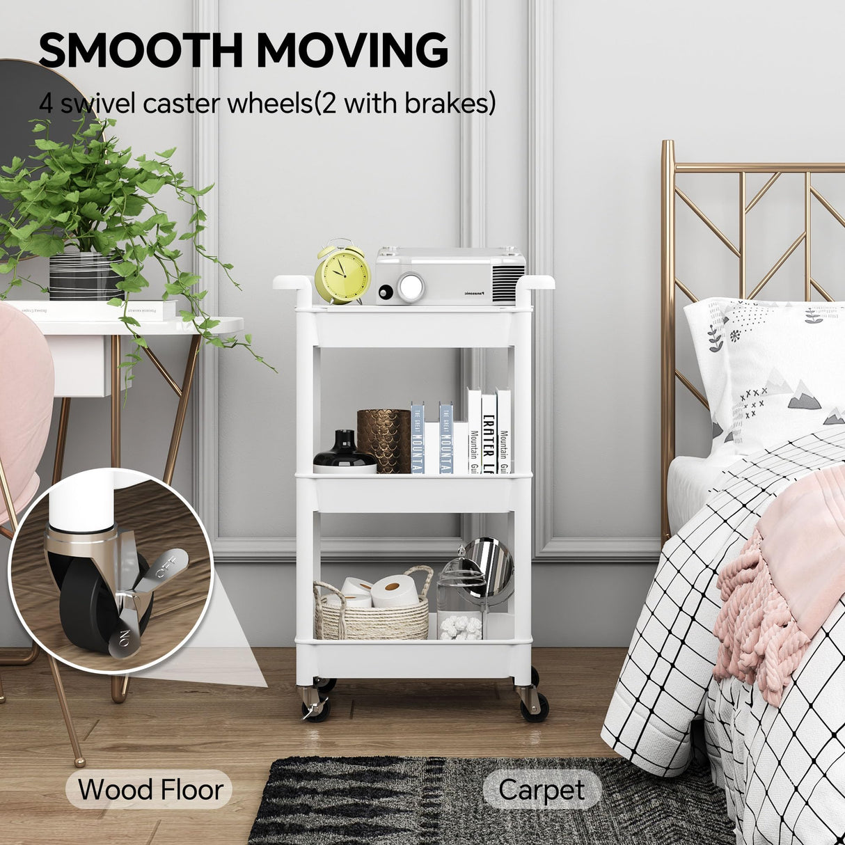 Steehoom 3-Tier Utility Rolling Cart with Cover Top Board, Mobile Utility Cart with Lockable Casters Multi-Functional Storage Trolley for Office, Bathroom, Kitchen, Garden, Laundry Room (White) Steehoom