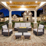 6 Piece Outdoor Patio Furniture Set with Propane Fire Pit Table, Wicker Patio Conversation Set with 2 Swivel Rocker Chairs Rattan Sofa and Removable 4" Thick Cushions for Deck Backyard Belord