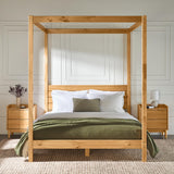Walker Edison Ayla Boho Slatted Headboard Queen Bedframe with Canopy, Queen Size, Natural Pine Walker Edison