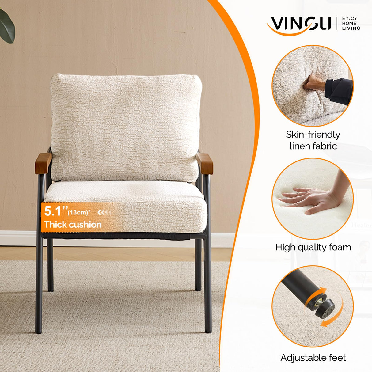 VINGLI Mid-Century Modern Accent Armchiar for Small Space, Small Comfy Upholstered Leisure Reading Chair with Wood Armrest for Bedroom, Living Room, Waiting Room, Linen Beige VINGLI