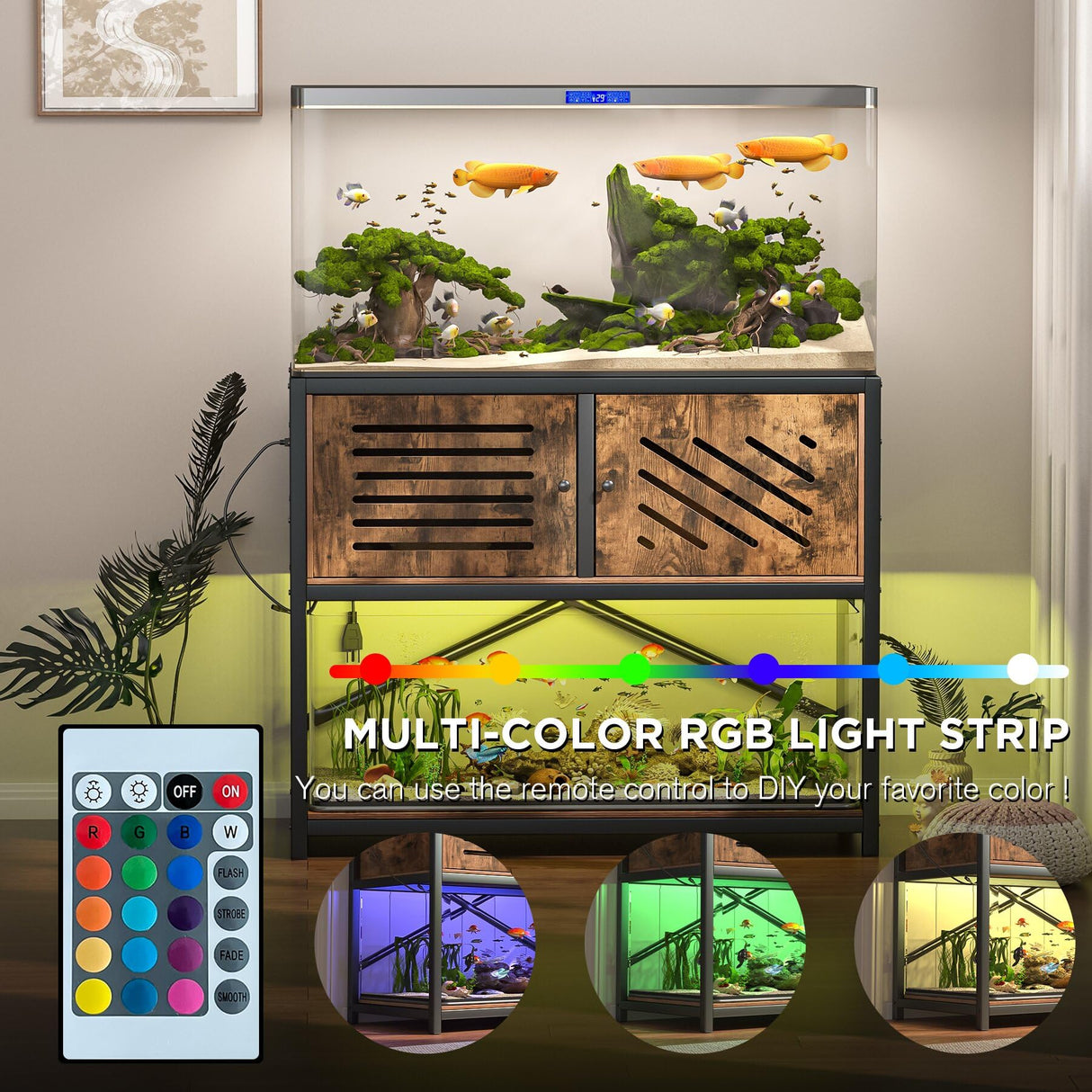 MELLCOM 40-50 Gallon Fish Tank Stand with Power Outlets and LED Light, Metal Aquarium Stand with Cabinet for Fish Tank Accessories Storage, Turtle Reptile Terrariums Stand Rack, Tank not Included MELLCOM