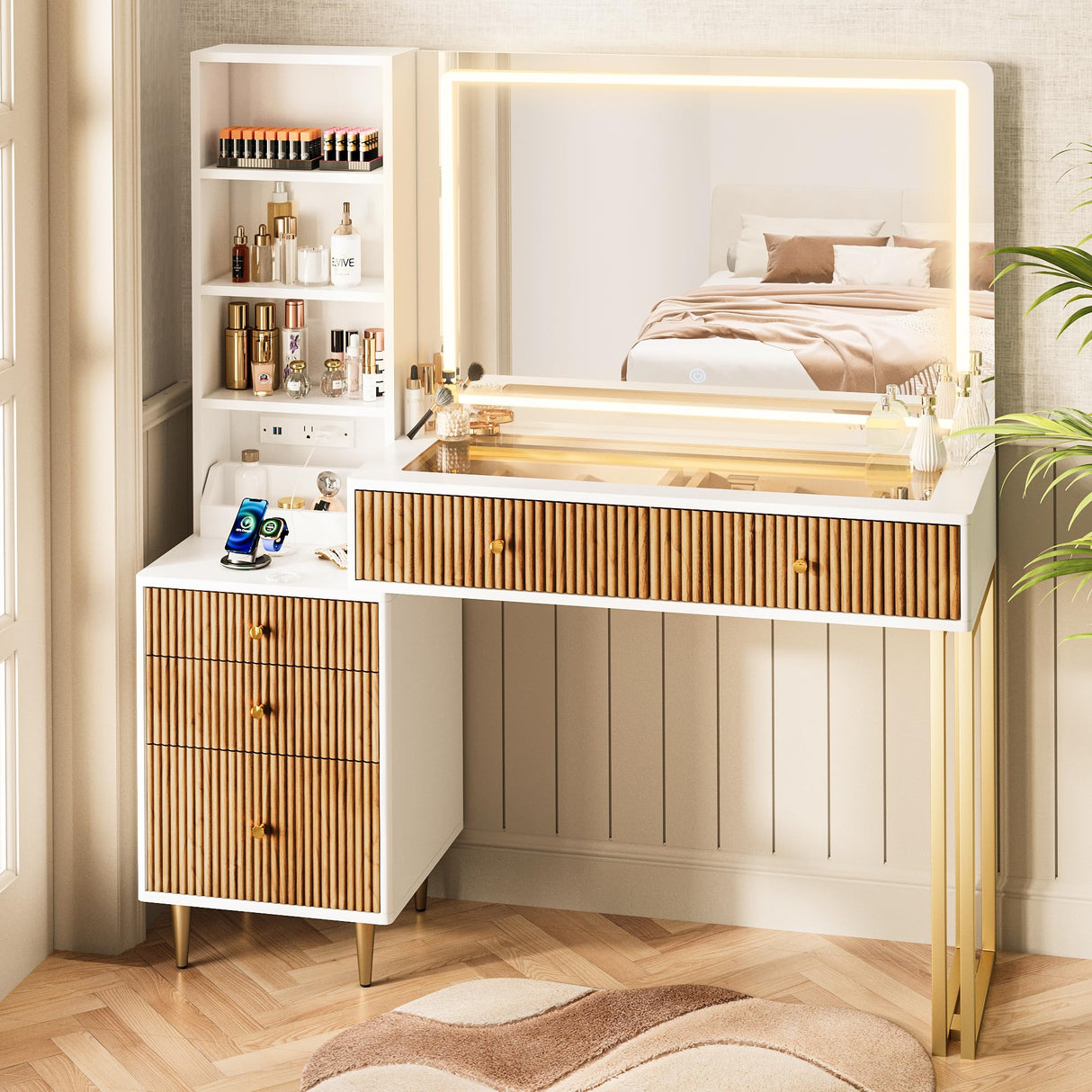 DAMCROP 44 Inch Vanity Desk with 32'' Lighted Mirror & Charging Station, Dressing Table with Modern Fluted Design Glass Top 5 Drawers, 3 Shelves Makeup Vanity Set for Bedroom Dressing Room(White) DAMCROP