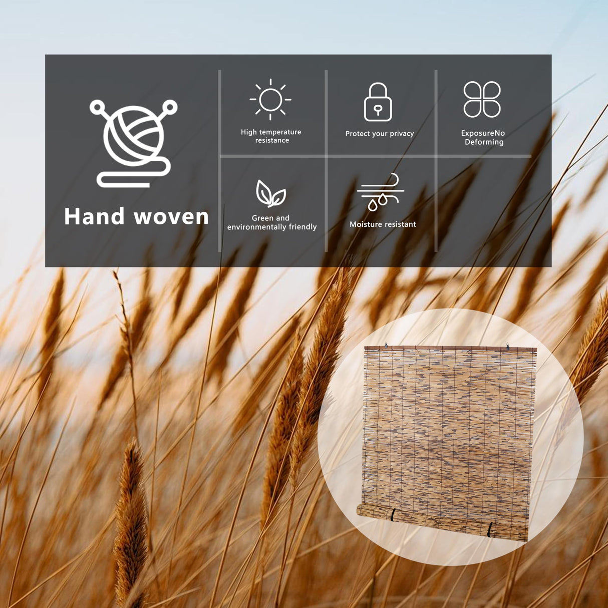 Gardgue Cordless Reed Blinds, 48" W x 72" L Bamboo Roll Up Shade, Privacy Screen Waterproof Roller Shades for Porch, Bamboo Windows Curtain for Indoor, Patio Gardgue