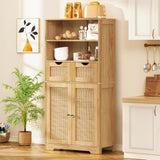 Iwell Tall Storage Cabinet, Rattan Cabinet with 2 Drawers & Adjustable Shelf, Accent Cabinet for Living Room, Dining Room, Home Office, Natural Iwell