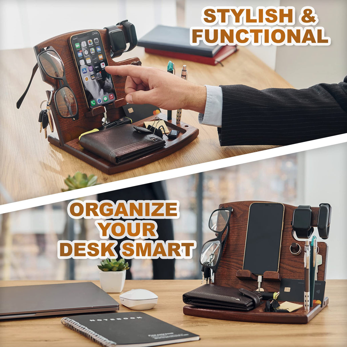 TESLYAR Wood Phone Docking Station Ash Hooks Key Holder Wallet Watch Stand Watch Organizer Men Husband Anniversary Dad Birthday Nightstand Purse Father Graduation Male Travel Gadgets TESLYAR