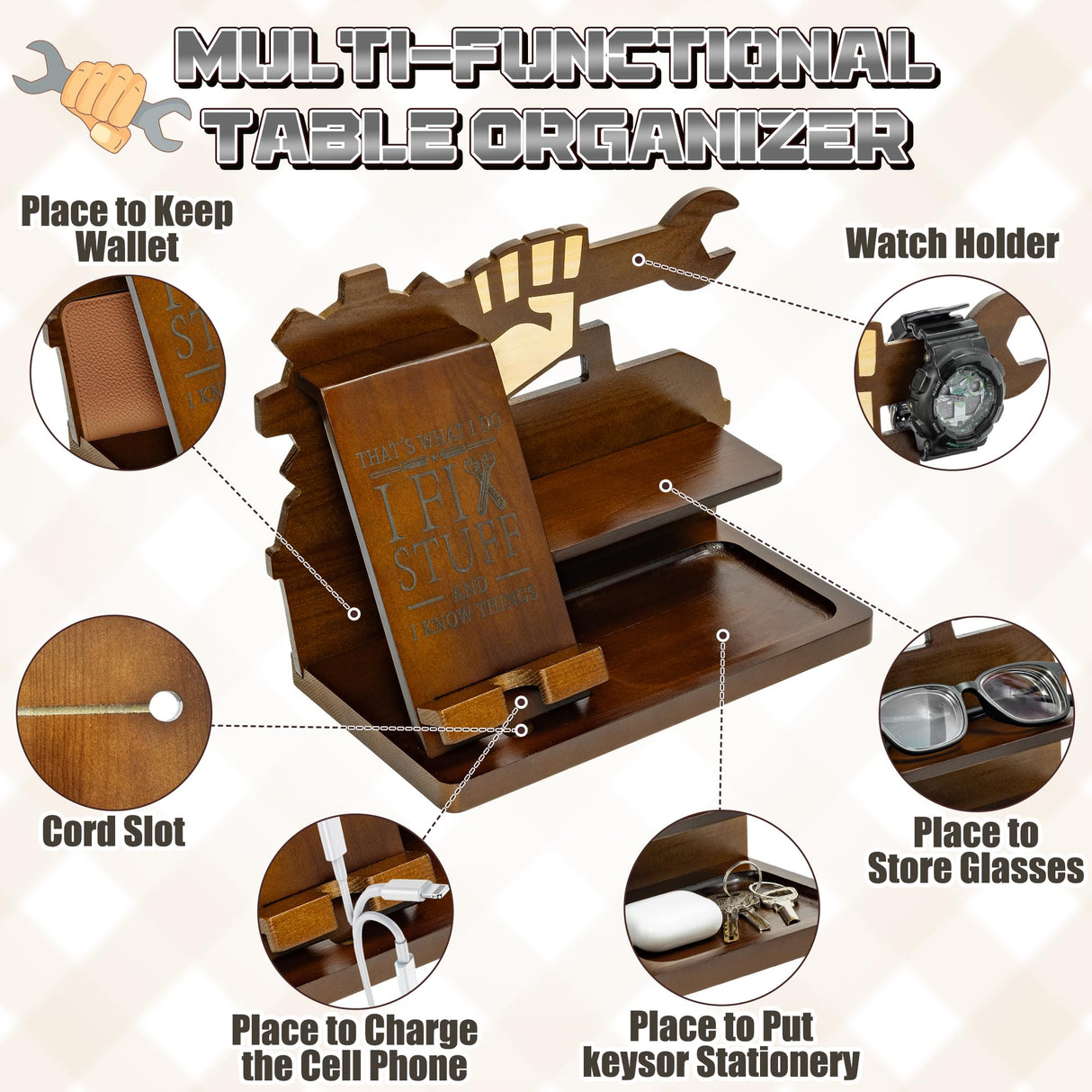 B1ykin Father's Day Wooden Nightstand Organizer - Wood Phone Docking Station Wallet Watch Stand Key Holder, Bedside Charging Station Organizer Men Gift Anniversary Birthday for Husband Dad Grandpa B1ykin