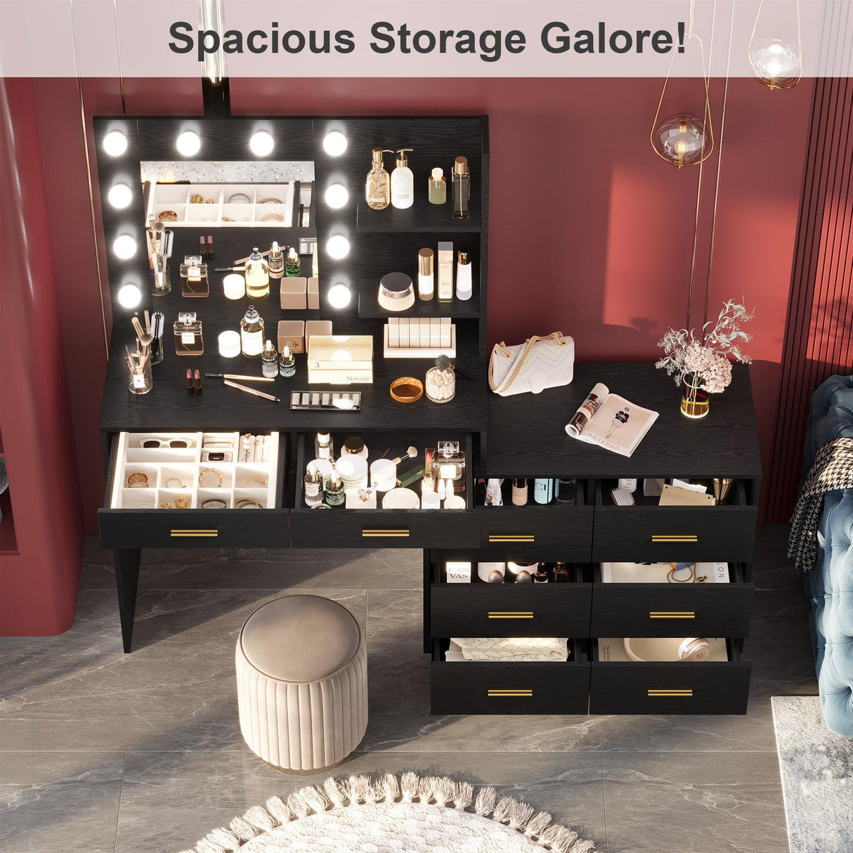 61" Make up Vanity Desk with Mirror and Lights, Black Vanity with 8 Wide Storage Drawers & 2 Tier Shelves, 3 Lighting Modes with Adjustable Brightness, Vanity Desk for Bedroom GarveeHome