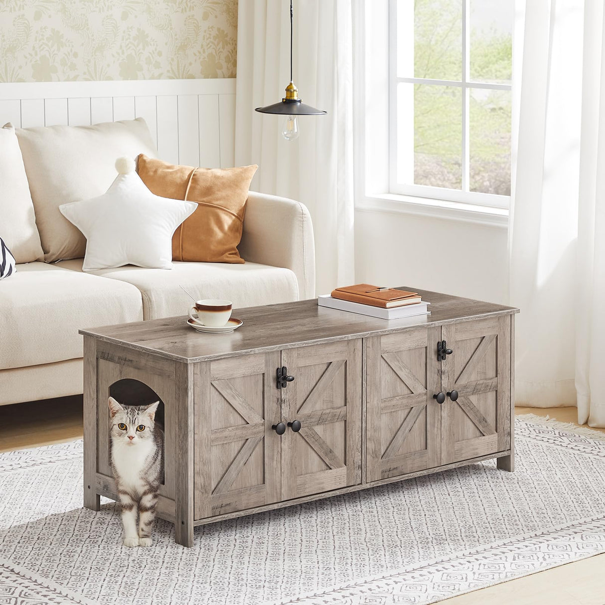 HOOBRO 47.2" Litter Box Enclosure for 2 Cats, Hidden Litter Box Furniture with Double Rooms, Wooden Cat Litter Box Enclosure, Dual Litter Box Design, Large Cat House for 2 Cats, Greige BG32MW01 HOOBRO