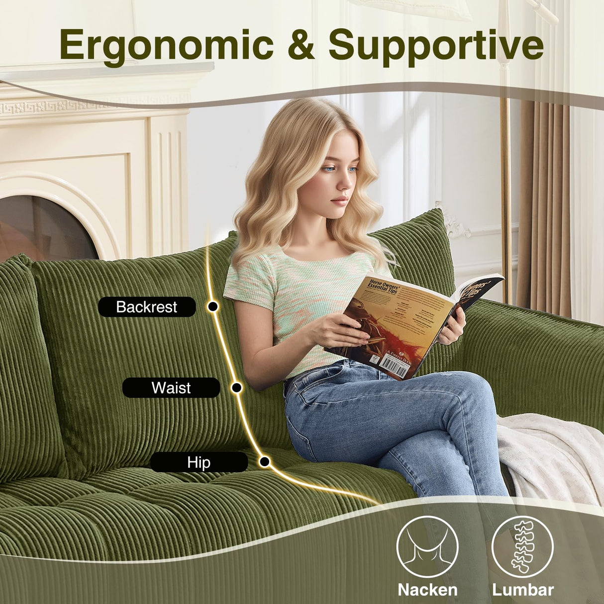 AEMEIOS Boneless Loveseat Couch for Living Room, Oversized Loveseat 2 Seater with 2 Pillow for Lovers,Corduroy Boneless Cloud Sofa Loveseats in a Box for Bedroom,No Assembly Couch, Green AEMEIOS