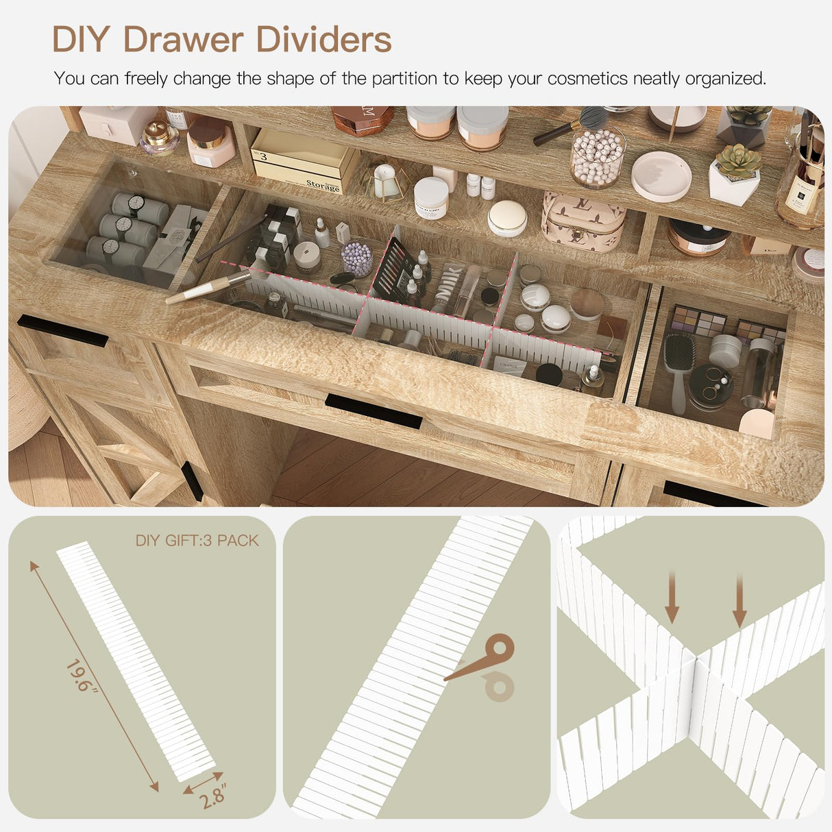 usikey Farmhouse Vanity Desk with Large Lighted Mirror and 10 Lights, 43.3" Glass Tabletop Makeup Vanity with 3 Drawers, Large Vanity Tabel Set with Long Storage Shelf, 2 Cabinets and Stool, Maple usikey