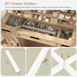 usikey Farmhouse Vanity Desk with Large Lighted Mirror and 10 Lights, 43.3" Glass Tabletop Makeup Vanity with 3 Drawers, Large Vanity Tabel Set with Long Storage Shelf, 2 Cabinets and Stool, Maple usikey