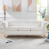 PHOYAL 3 Seater Sofa, Teddy Velvet Chesterfield Sofa Modern Tufted Couch 3 Seater Large Sofa with Scroll Arms and Nailhead for Living Room, White PHOYAL