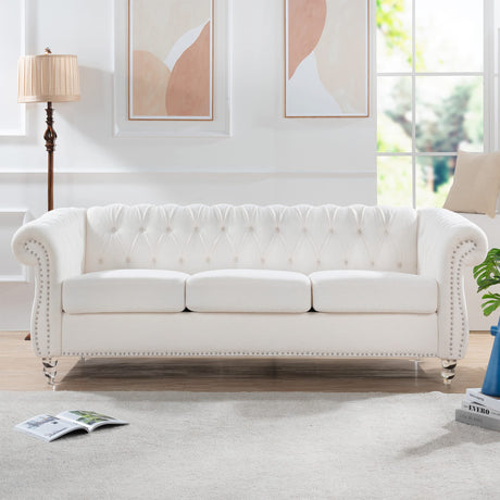 PHOYAL 3 Seater Sofa, Teddy Velvet Chesterfield Sofa Modern Tufted Couch 3 Seater Large Sofa with Scroll Arms and Nailhead for Living Room, White PHOYAL