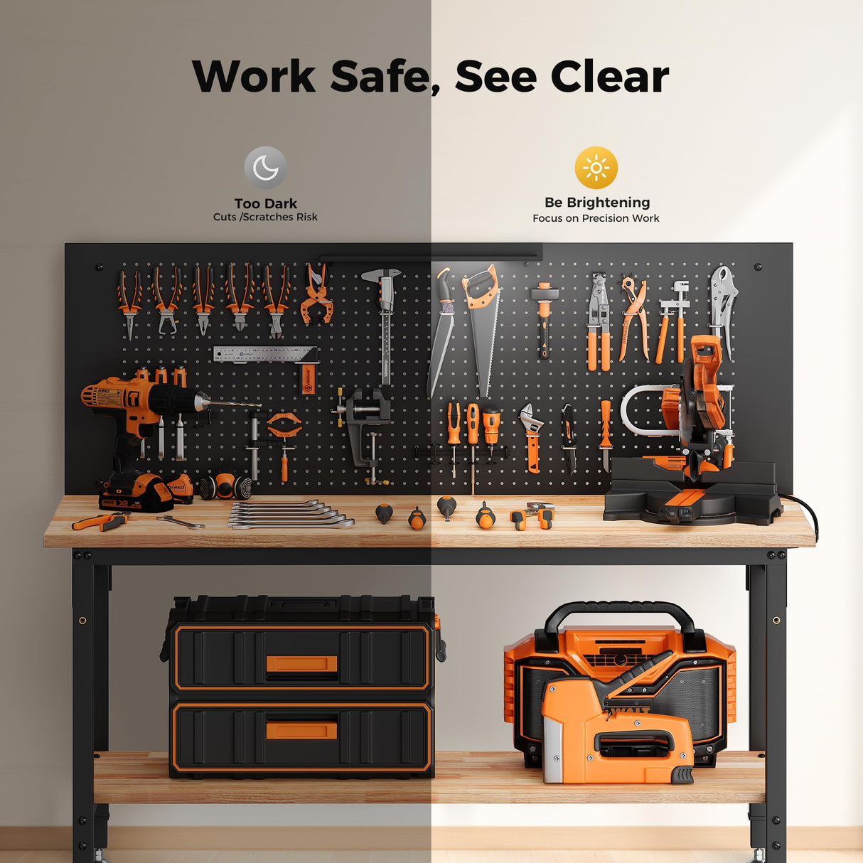 CAMMOO 60" Work Bench Adjustable Height with Storage Shelf, Max Load 2000 LBS Heavy Duty Rubberwood Tabletop with Pegboard, LED Light, Built-in Power Strip for Woodworking Shop, Garage, Home CAMMOO