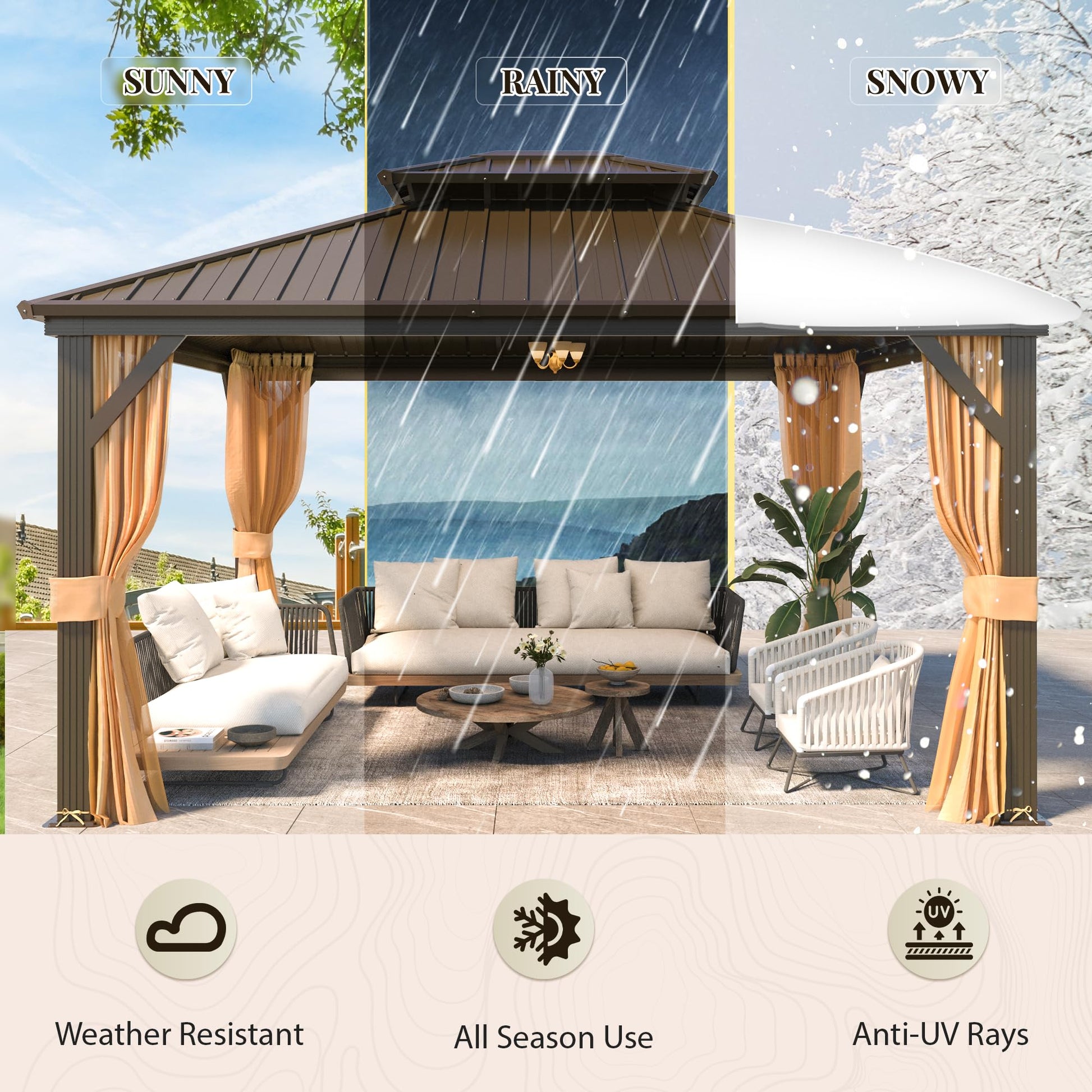 YOLENY 12' x 14' Gazebo, Hardtop Gazebo with Aluminum Frame, Double Galvanized Steel Roof, Curtains and Netting Included, Metal Gazebos Pergolas for Patios, Garden, Parties, Lawns - WoodArtSupply