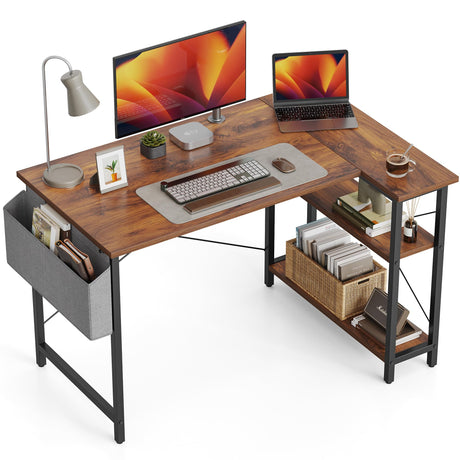 CubiCubi L Shaped Desk, 47 Inch Computer Desk with Reversible Storage Shelves Home Office Corner Desk Study Writing Table, Deep Brown CubiCubi