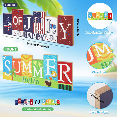 4th of July Decorations Wooden Table Sign Summer Decorations, Patriotic Independence Day Memorial Day Decorations Reversible Double-sided Different Theme Farmhouse Tabletop Centerpiece Decor Sophena