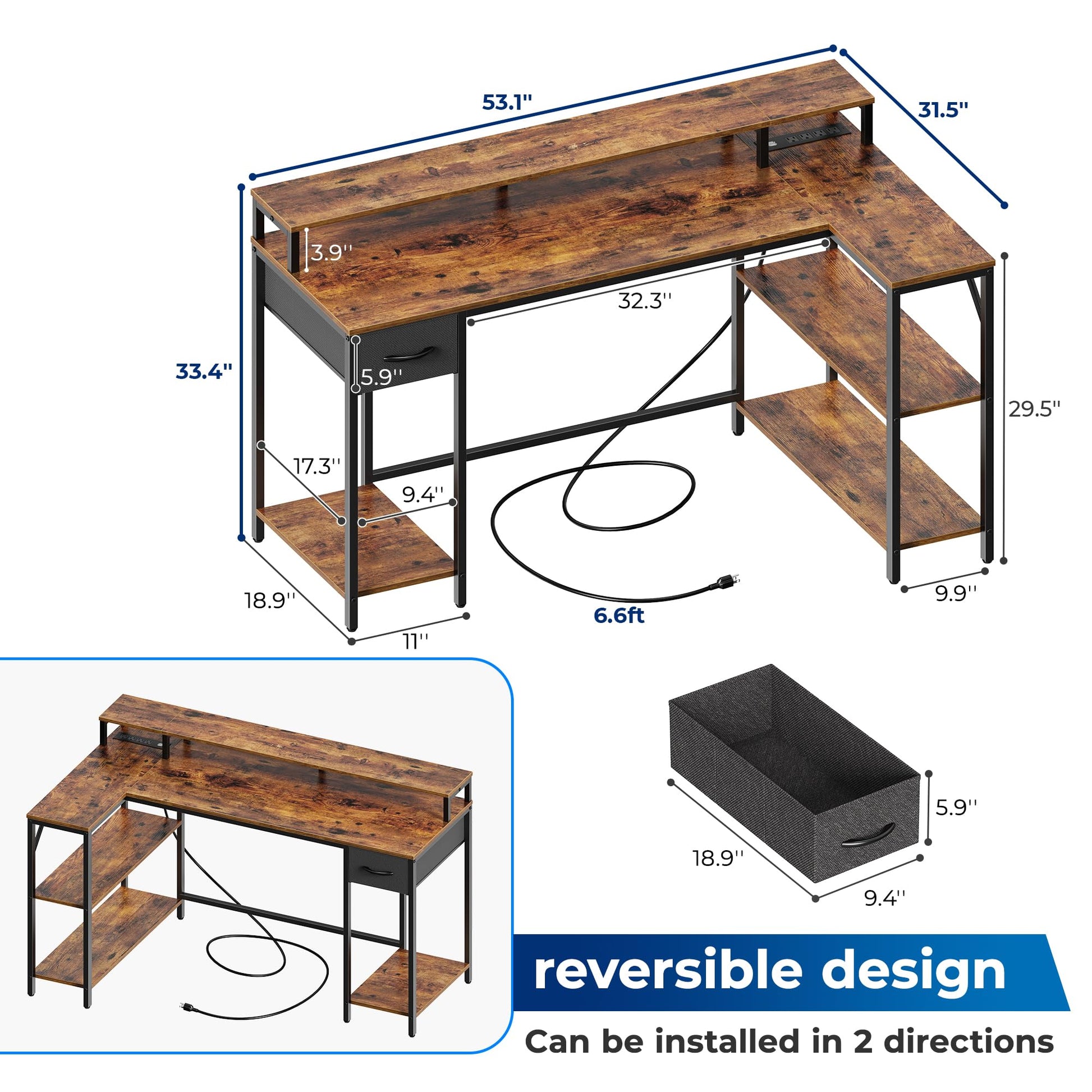 SUPERJARE 53 Inch L Shaped Desk with LED Lights & Power Outlets, Reversible Computer Desk with Shelves & Drawer, Corner Desk Home Office Desk, Rustic Brown - WoodArtSupply