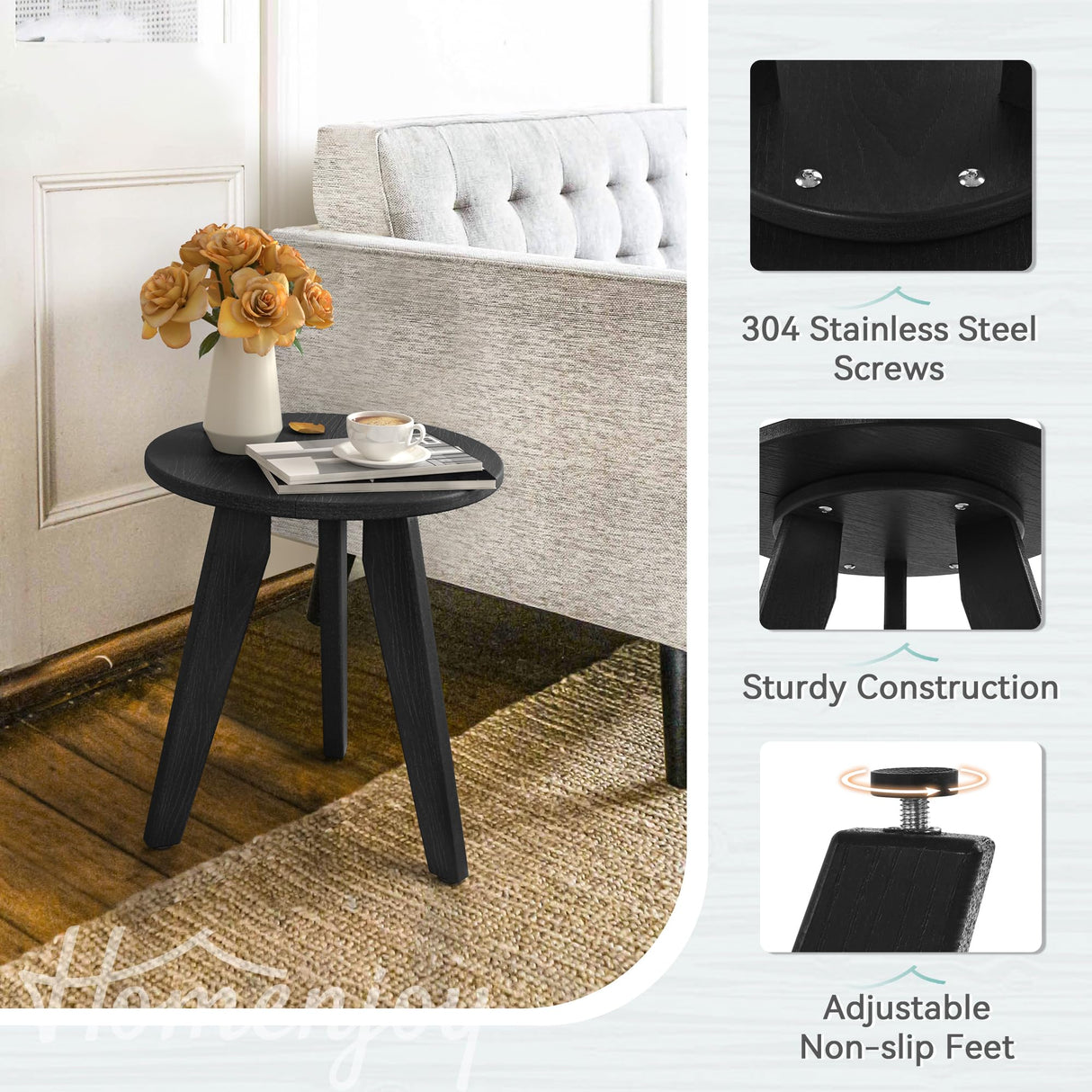 Homenjoy HDPE Outdoor Side Table, Small Round Side Table Weather-Resistant, Outdoor Side Tables for Patio, Porch, Deck, End Table for Plant Stand, Living Room, Bedroom, Black Homenjoy