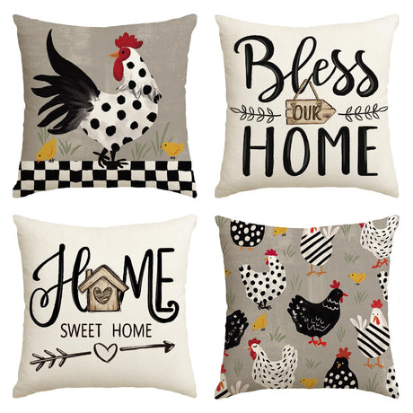 AVOIN colorlife Farmhouse Chicken Home Sweet Home Throw Pillow Covers, 18 x 18 Inch Bless Our Home Seasonal Cushion Case Decoration for Sofa Couch Set of 4 AVOIN colorlife