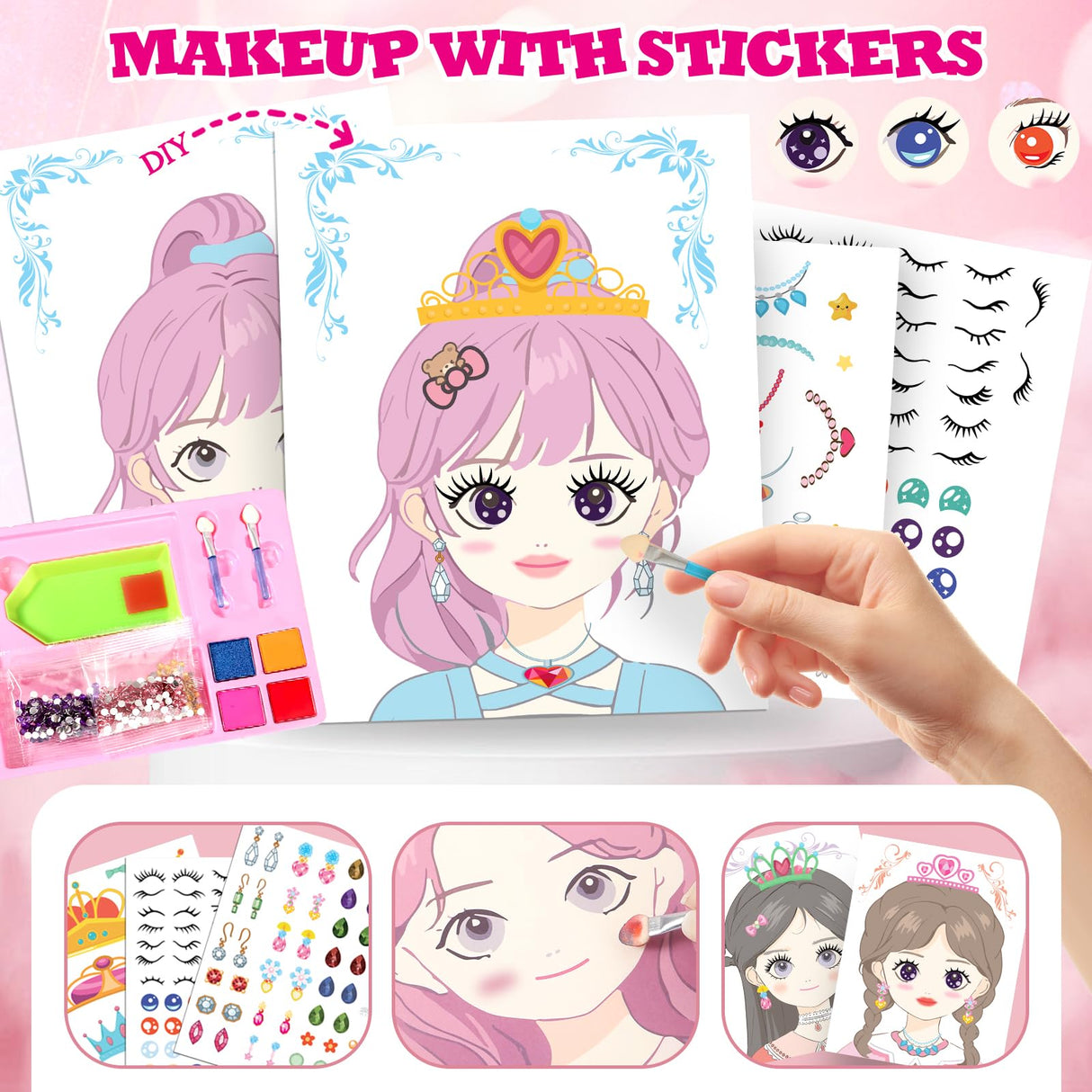 Tudaymol 4-in-1 Art & Craft Activity – DIY Dress Up Stickers, Makeup Kit, Foil & Gems Art, Creative Princess Fun, Costume Ideas & Accessories, Travel Toy, Gifts for Girls Ages 4-8-12 Tudaymol
