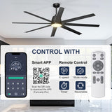 Phylluz 72'' Ceiling Fan with Light - Remote & APP Control, 3 CTT Dimmable, 6 Speed Reversible DC Motor Fan for Shop, Garage, Covered Outdoor, Black Phylluz