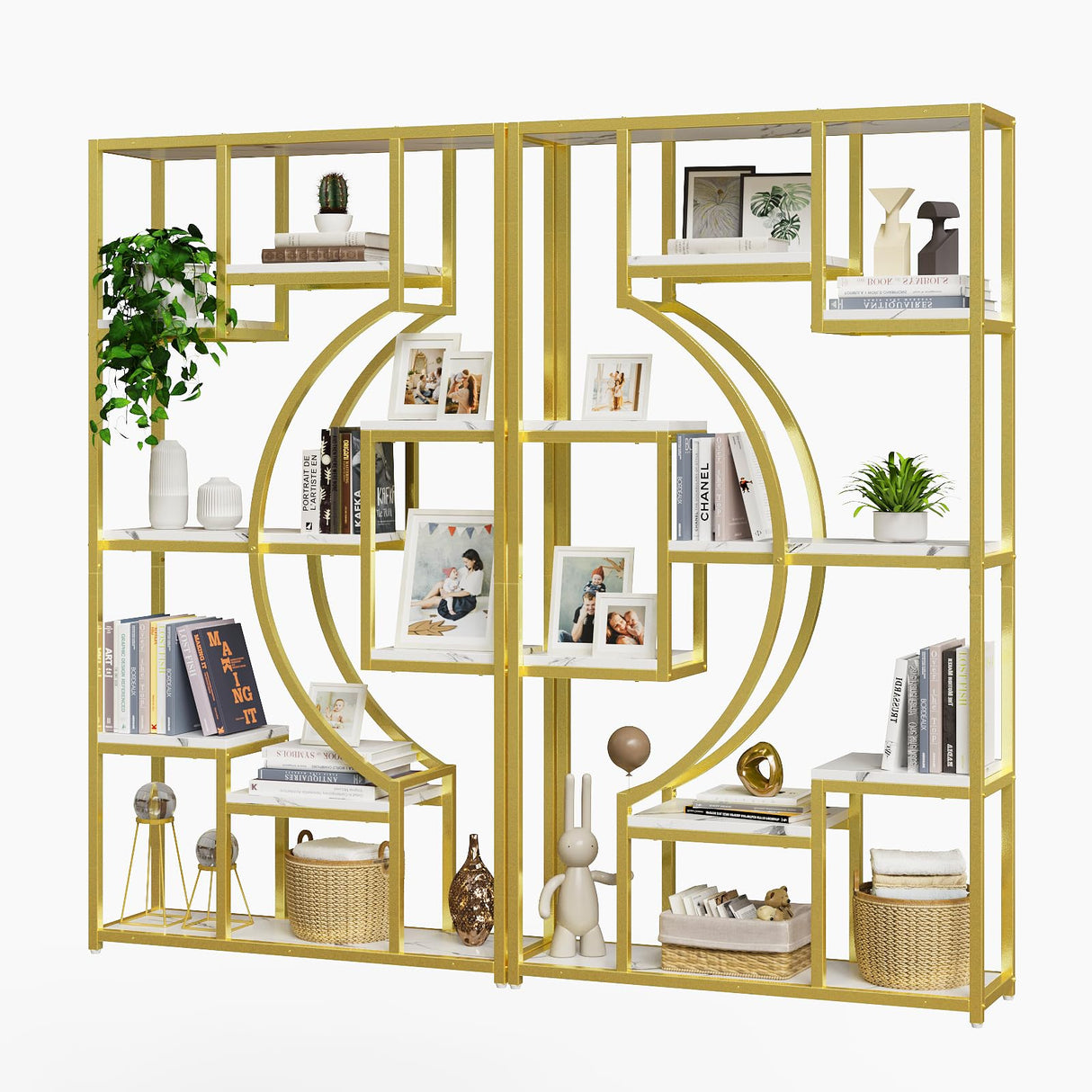 Modern Book Shelf, White and Gold Bookshelf, 70.8 Inch Tall Etagere Bookcase, Set of 2 Geometric Display Shelves for Living Room, Bookcases/Bookshelf with Metal Frame for Home Office HolliWill