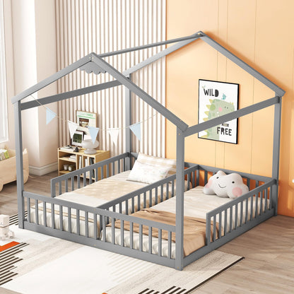 Luckiofvonne Twin House Bed Frame for Kids – Stylish Double Floor Beds with Safety Rails in Grey - WoodArtSupply