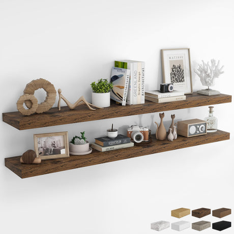 RICHFOCUS 72Inch Floating Shelves for Wall 2 Pack Shelves for Bedroom|Kitchen|Bathroom Wall Mounted Rustic Wood Floating Shelf with Invisible Brackets for Books|Storage|Decor, Rustic Brown RICHFOCUS