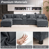 145" Oversized Modular Sectional Sofa U Shaped Cloud Couch 6 Seat Sofa Set for Living Room Comfy Fluffy Chenille Deep Seat with Movable Ottomans, Storage Console, Cup Holders, USB Ports, Dark Grey BEQAI