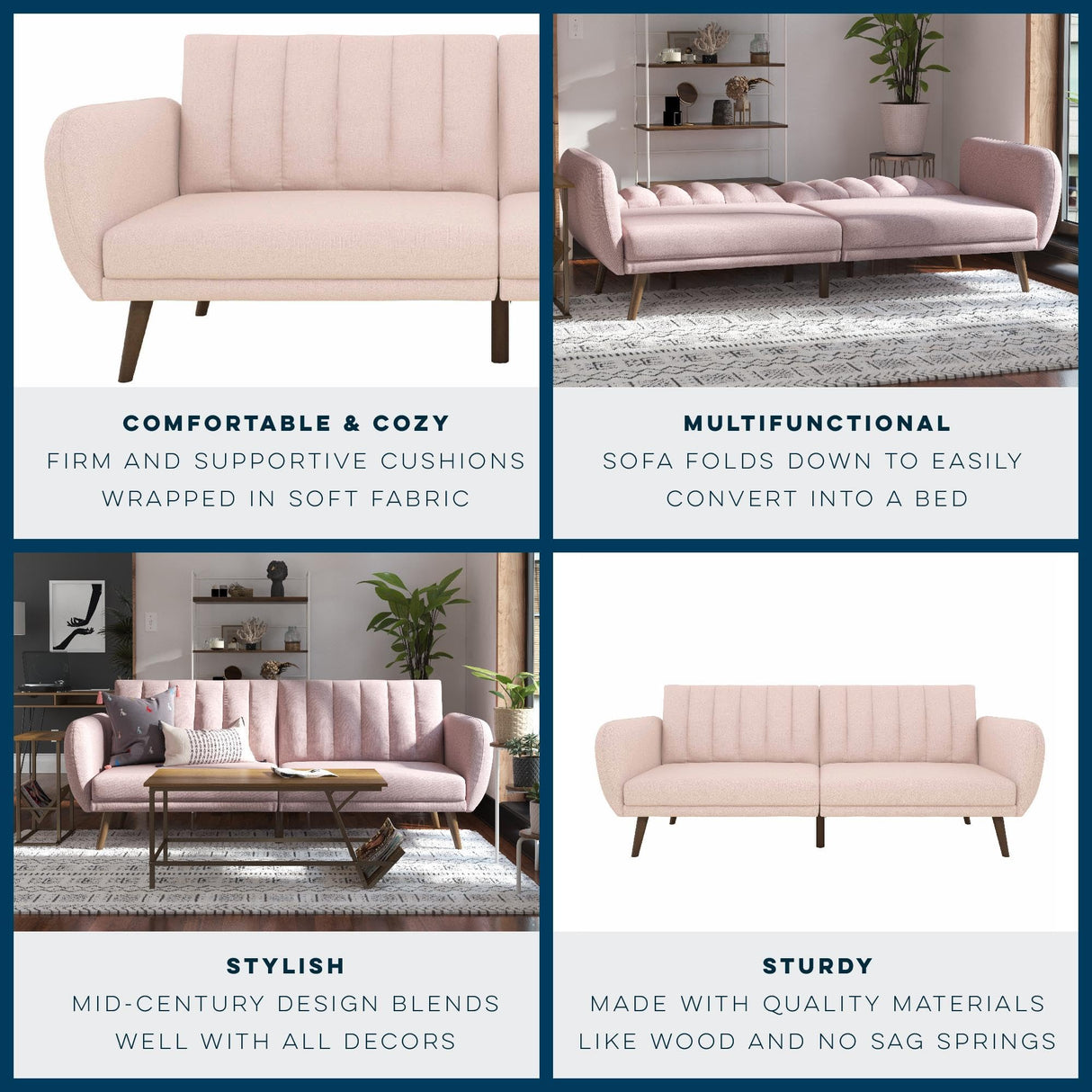 Novogratz Brittany 82 Inch Futon Sofa Bed in Faux Leather, Upholstered Couch Sleeper with Tufted Back, Mid-Century Modern Design, Pink Novogratz