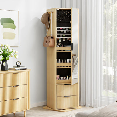 IRONCK 360° Swivel Jewelry Cabinet, Jewelry Armoire with Full Length Mirror, Coat Rack and 4-Tier Shelf, Standing Jewelry Organizers with 2 Drawers, Oak
