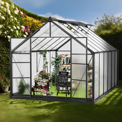 ANYAGREE 8' x 12' Thicked Polycarbonate Greenhouse, Greenhouse with Double Flush Door, Rain Gutter and Ventilation Window, Green House for Sunroom, Garden, Backyard, Walk-in Large Winter Greenhouse