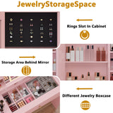 HUANLEGO Vanity Desk with Mirror and Lights, Glass Top Vanity with Lights and RGB Cabinet & Jewellery Organizers, Makeup Vanity Desk with Lights, Power Outlet, Dressing Table for Bedroom, Pink HUANLEGO