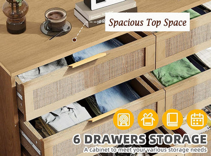 6 Drawer Double Dresser for Bedroom,Natural Rattan Modern Drawer Chest,Wooden Storage Wardrobe Dresser with Gold Handles,Floor Standing Storage Cabinet, for Entrance,Living Room,Hallway-Natural