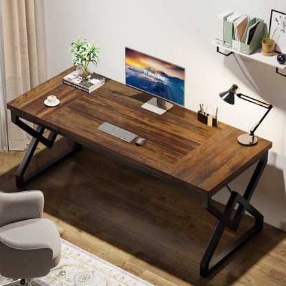 Tribesigns 63 Inch Executive Desk, Large Office Computer Desk with Extra Thick Wooden Tabletop and Metal Frame, Modern Simple Workstation Writing Table Study Desk for Home Office, Vintage Brown