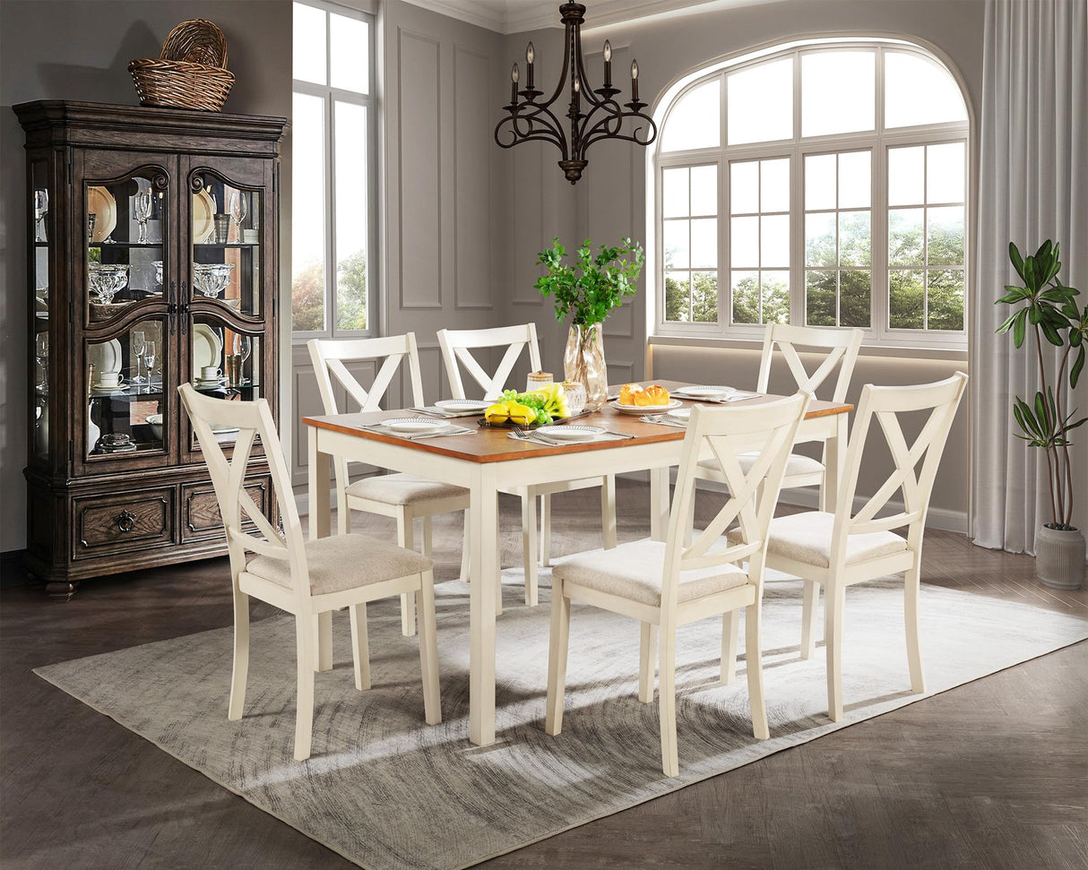 LUXOAK 7-Piece Farmhouse Solid Wood Dining Table Set with 6 Chairs, 60" Rectangular Dining Table & Chair Set for 6 People, Dining Table with Wood Legs, Table Set for Dining room, Kitchen, Rustic Cream LUXOAK