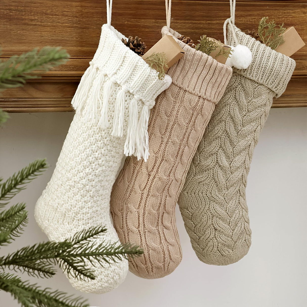LimBridge Christmas Stockings Cable Knit, 3 Pack 18 inches Large Size Knitted Xmas Stockings, Rustic Farmhouse Boho Style Stocking Decorations for Family Holiday Season Decor, White & Beige LimBridge