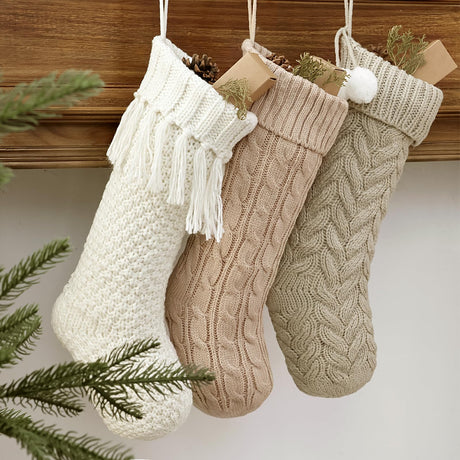 LimBridge Christmas Stockings Cable Knit, 3 Pack 18 inches Large Size Knitted Xmas Stockings, Rustic Farmhouse Boho Style Stocking Decorations for Family Holiday Season Decor, White & Beige LimBridge