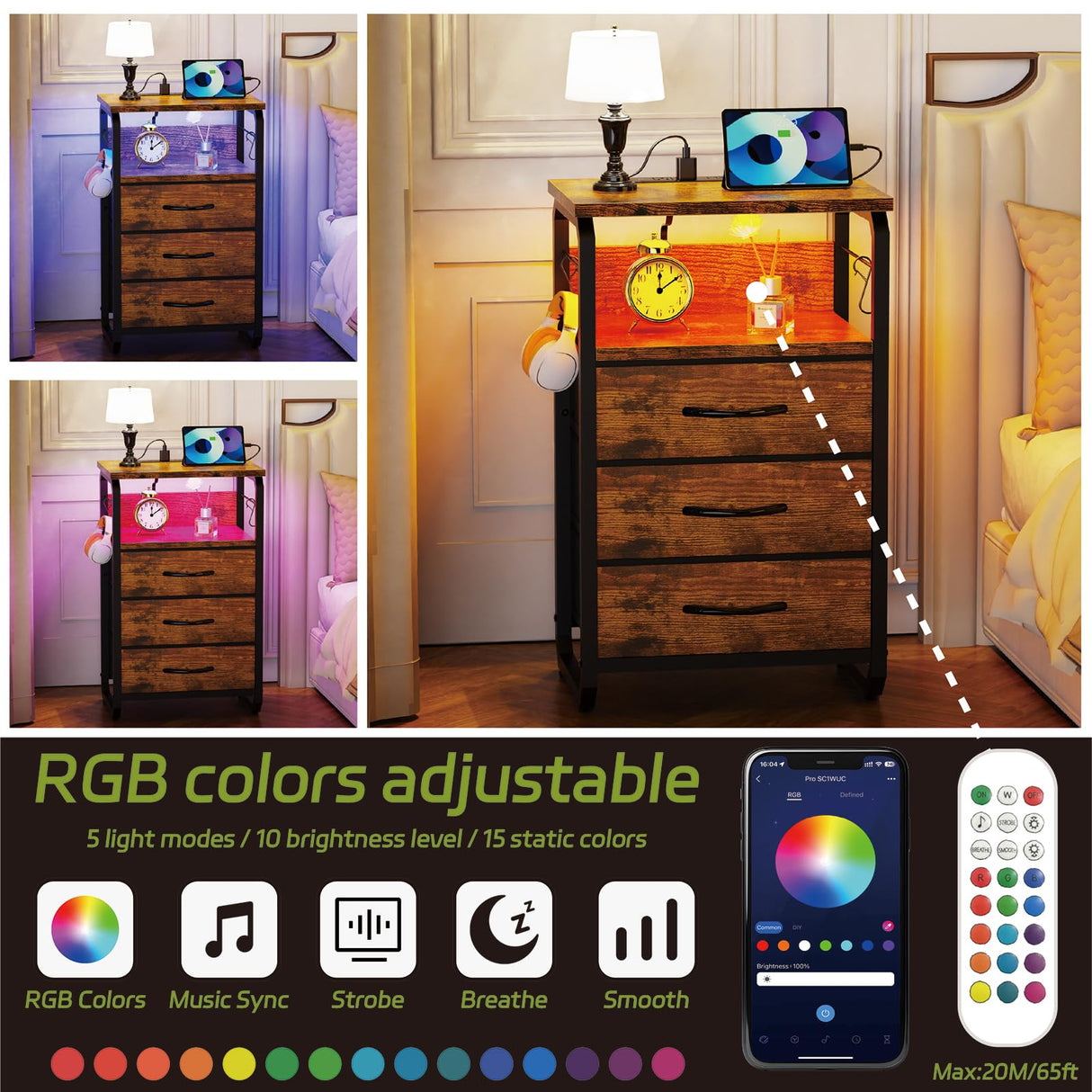 runjuly Tall Nightstand Set of 2 with Charging Station, Bed Side Tables Bedroom Set of 2, LED Night Stand Set 2, Bedside Table with Drawers, Night End Table with Storage for Bedroom, Dorm Rustic Brown runjuly