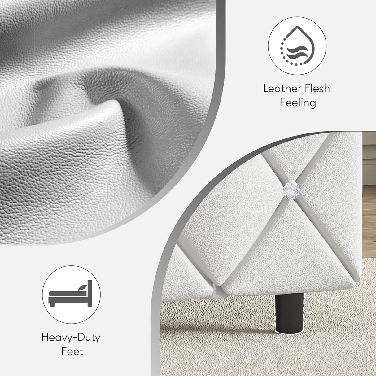 HOMBCK Twin Bed Frame with Diamond Headboard, Faux Leather Upholstered Platform Bed, Mattress Foundation, No Box Spring Needed, Easy Assembly, Pearlized White HOMBCK