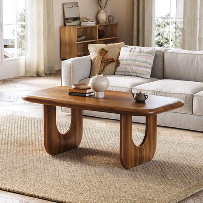 LITTLE TREE Farmhouse Coffee Table, 47 Inches Wooden Rectangular Center Tables with Rounded Corners, Modern Coffee Tables Low Cocktail Tea Furniture for Living Room (Rustic Brown)
