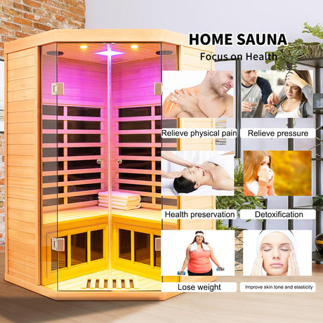 Infrared Sauna 2-3 Person Infrared Saunas for Home, Indoor Corner Sauna Spa Low Emf Infrared Sauna with 7 Color Therapy Dry Sauna for Home,2 Bluetooth Speakers, 2 LED Reading Lamp KOOZONEGM